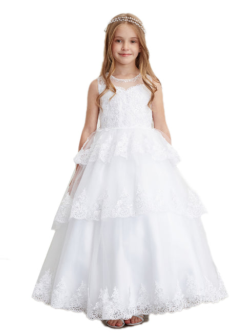 Big Girls White Glitter Mesh Overlay V Neck Pageant Dress 8-12 - SophiasStyle.com